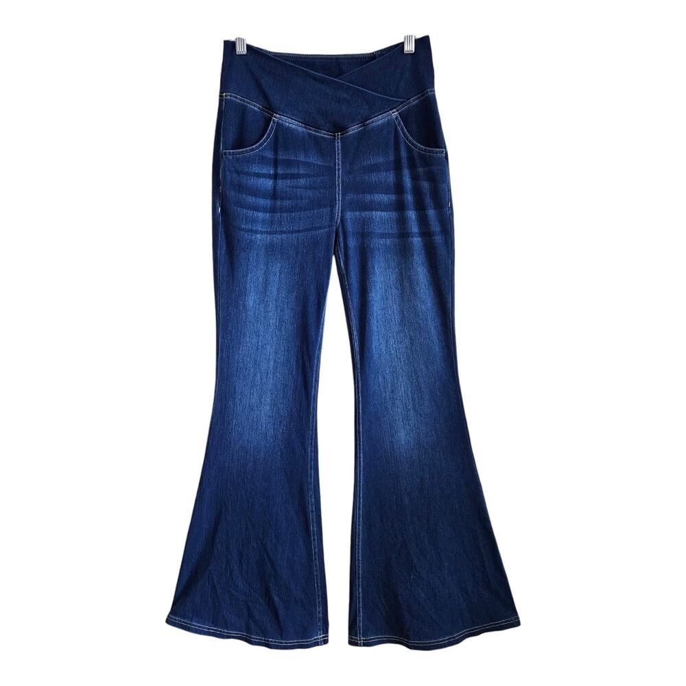 HALARA Women M Jeans Flared Medium Blue Crossover Elastic Waist Stretch 27 x 31